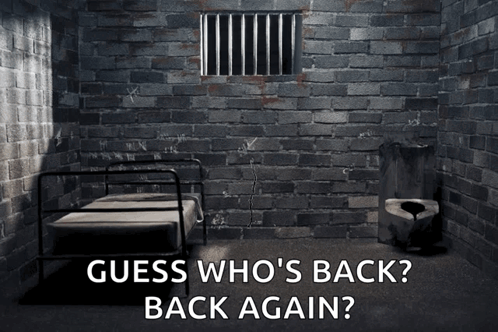 A Brick Wall With A Bed And A Prison Cell With The Words " Guess Who 'S Back Back Again " GIF