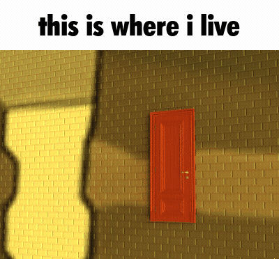 A Brick Wall With A Red Door And The Words This Is Where I Live Above It GIF