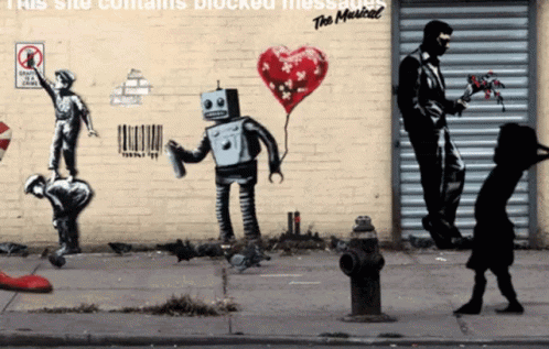 A Brick Wall With A Robot Holding A Heart Shaped Balloon And The Words " This Site Contains Blocked Messages " On It GIF