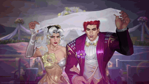 A Bride And Groom Are Standing Next To Each Other In A Wedding Dress GIF