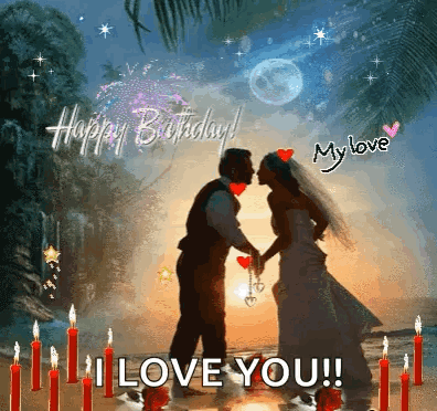 A Bride And Groom Kissing On The Beach With Candles In The Background GIF