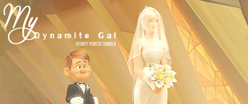A Bride And Groom Standing Next To Each Other With The Words My Dynamite Gal On The Bottom GIF