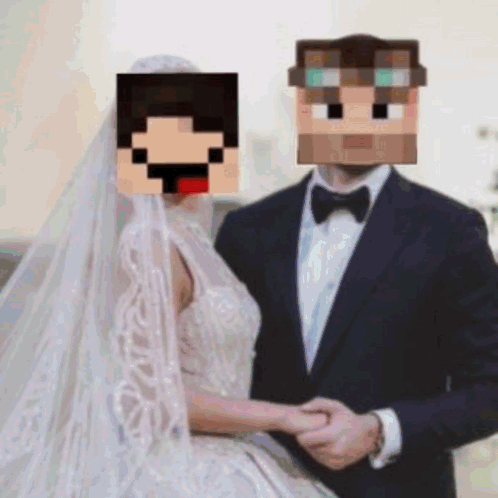 A Bride And Groom With Minecraft Faces On Their Heads GIF