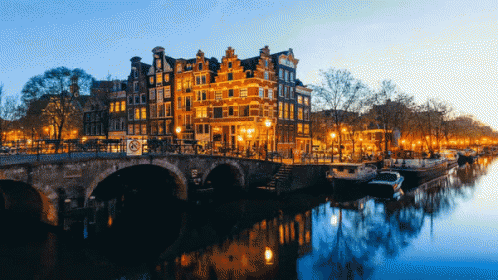 A Bridge Over A River With Buildings In The Background GIF