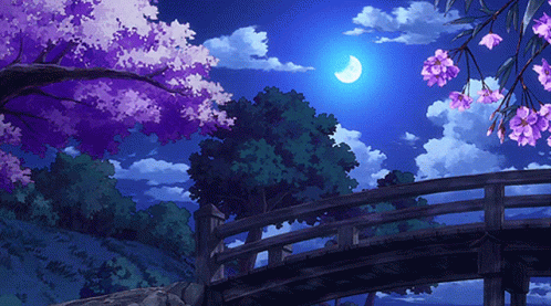 A Bridge With Purple Flowers And A Full Moon GIF