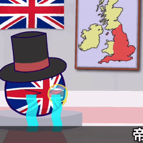 A British Ball Wearing A Top Hat Is Crying In Front Of A Map GIF