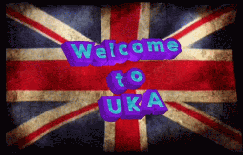 A British Flag With The Words Welcome To Uk Written In Purple GIF