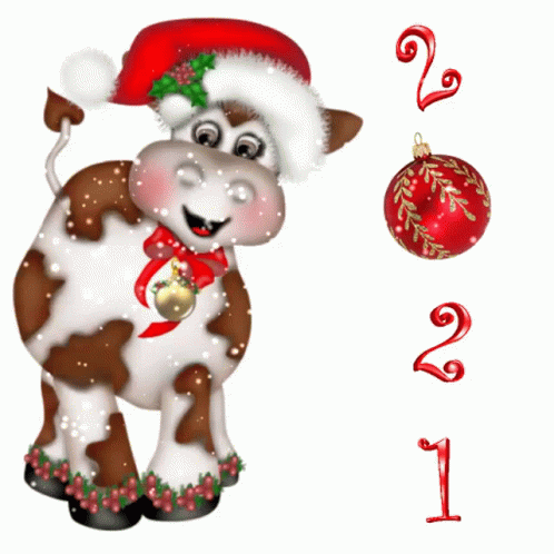 A Brown And White Cow Wearing A Santa Hat With A Bell Around Its Neck GIF