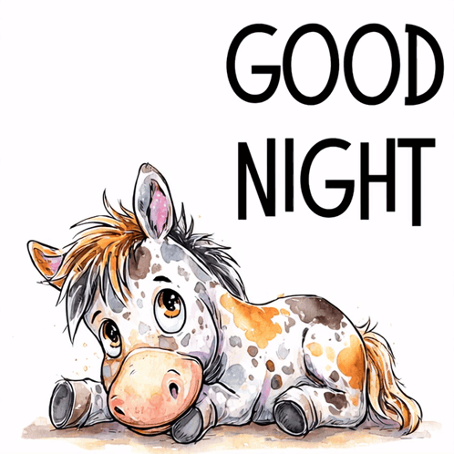 A Brown And White Horse Laying Down With The Words Good Night Written Above It GIF