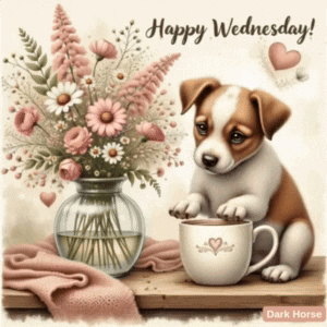a brown and white puppy is sitting next to a cup of coffee and a vase of flowers ..