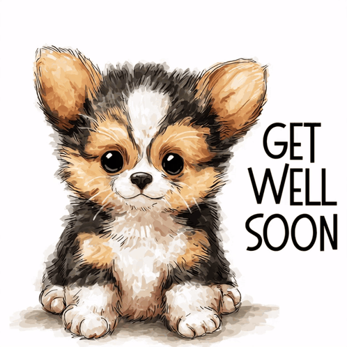 A Brown And White Puppy With The Words Get Well Soon Behind It GIF