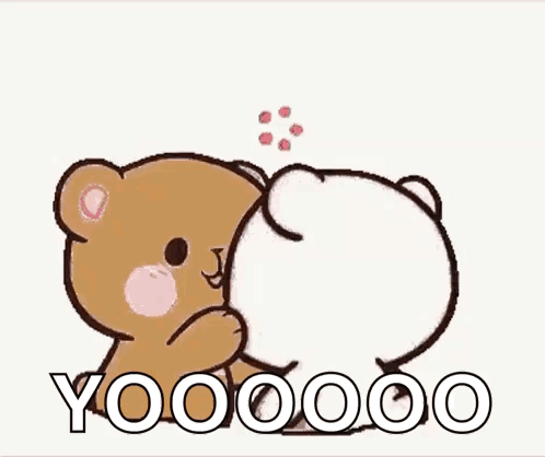 A Brown And White Teddy Bear Hugging Each Other With Hearts Surrounding Them . GIF