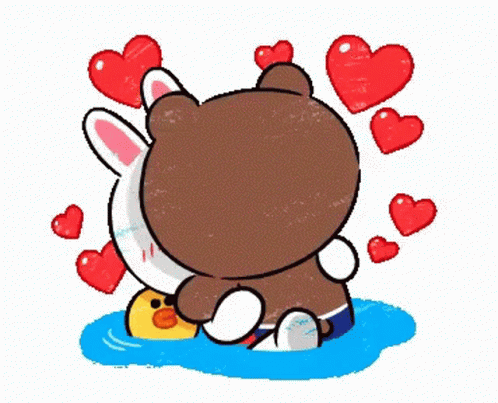 A Brown Bear And A White Rabbit Are Hugging Each Other In A Puddle Of Water Surrounded By Hearts . GIF