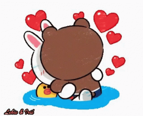A Brown Bear And A White Rabbit Are Hugging Each Other In The Water Surrounded By Red Hearts . GIF