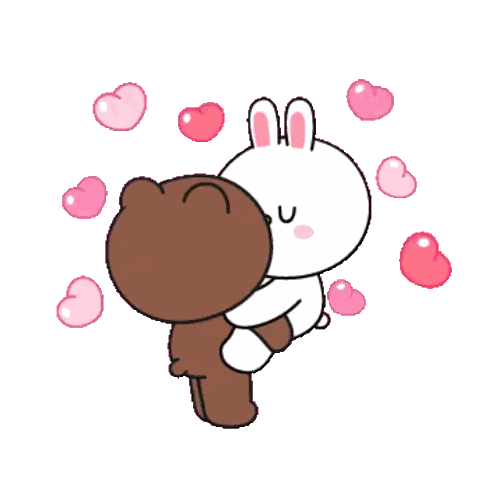 a brown bear and a white rabbit are hugging with hearts surrounding them