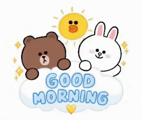 A Brown Bear And A White Rabbit Are Sitting On A Cloud With The Words Good Morning GIF