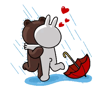 a brown bear and a white rabbit hug in the rain