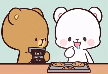 A Brown Bear Is Holding A Sign That Says Let It Cool-Off First And A White Bear Is Eating Cookies . GIF