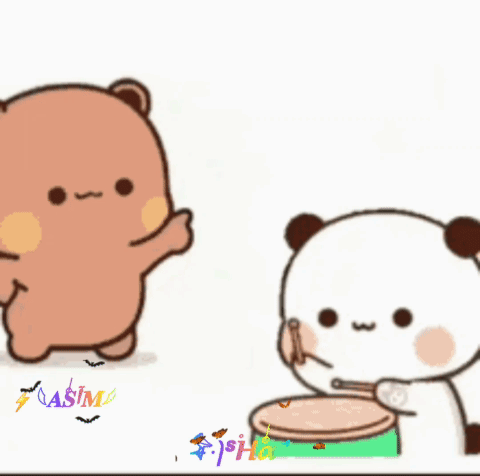 A Brown Bear Is Standing Next To A White Bear Playing Drums GIF