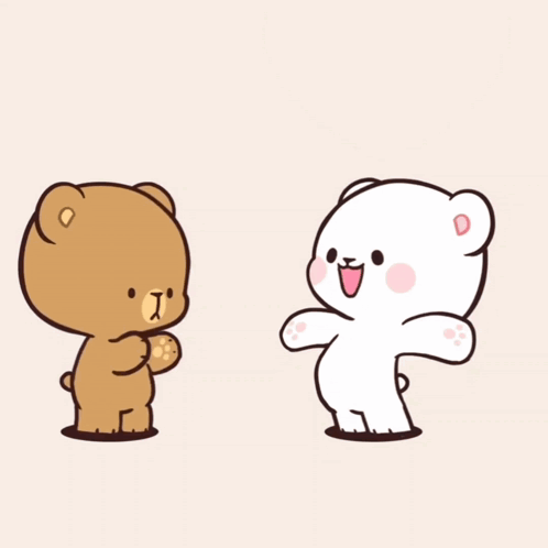 A Brown Teddy Bear And A White Teddy Bear Are Standing Next To Each Other With Their Arms Outstretched GIF