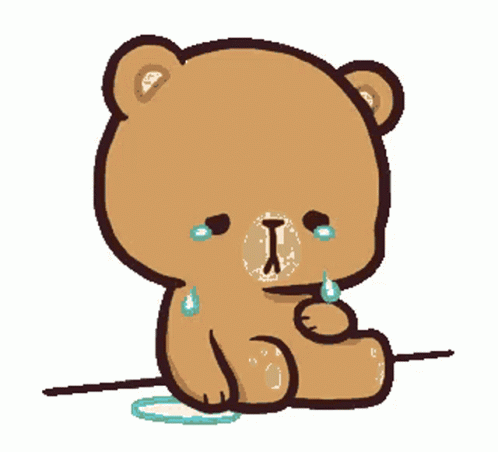 a brown teddy bear is crying with tears running down its face