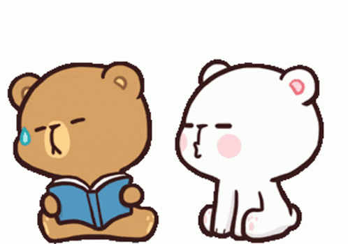A Brown Teddy Bear Is Kissing A White Teddy Bear Who Is Holding A Book GIF