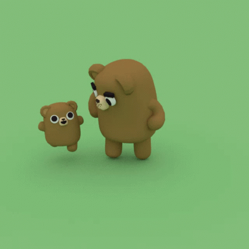 a brown teddy bear standing next to another teddy bear on a green background