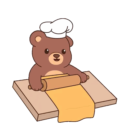 a brown teddy bear wearing a chef 's hat is rolling out dough