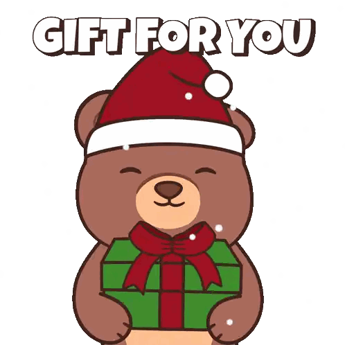 a brown teddy bear wearing a santa hat is holding a gift box