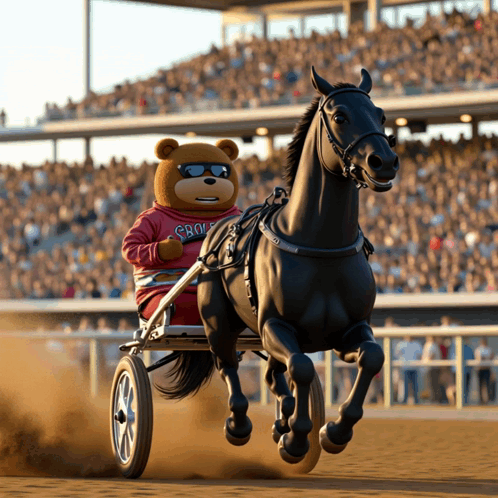 A Brown Teddy Bear Wearing Sunglasses Is Riding A Black Horse In A Race GIF