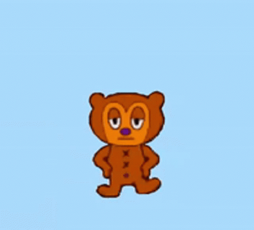 A Brown Teddy Bear With A Purple Nose Is Standing On A Blue Surface GIF