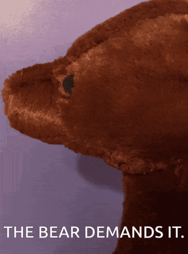 a brown teddy bear with the words " the bear demands it " on the bottom