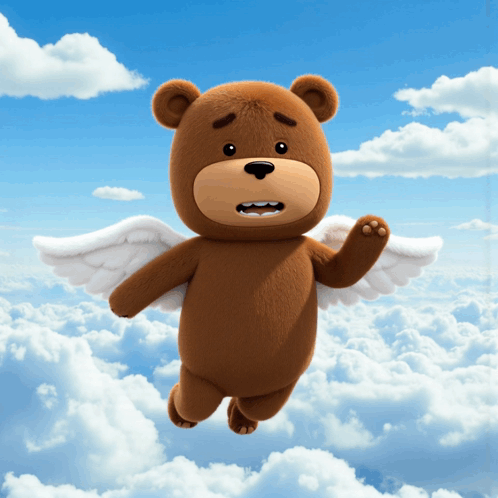 A Brown Teddy Bear With White Wings Is Flying Through The Clouds GIF