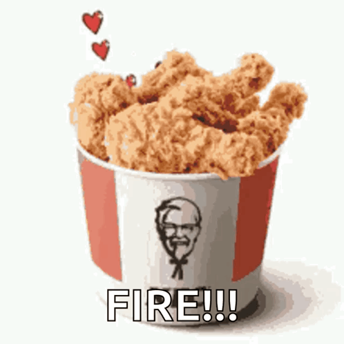 A Bucket Of Fried Chicken With Hearts And The Words Fire !!! Below It GIF