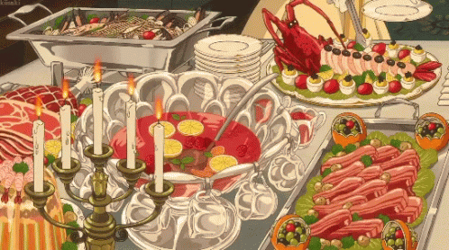 A Buffet Table With A Lot Of Food And Candles On It GIF