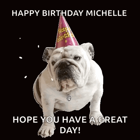 A Bulldog Wearing A Birthday Hat With The Words Happy Birthday Michelle Hope You Have A Great Day GIF
