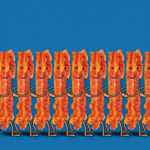 A Bunch Of Bacon Standing In A Row With The Word Bacon Written On The Top GIF