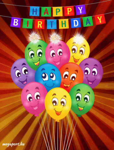 A Bunch Of Balloons With Faces On Them And A Happy Birthday Banner Above Them GIF