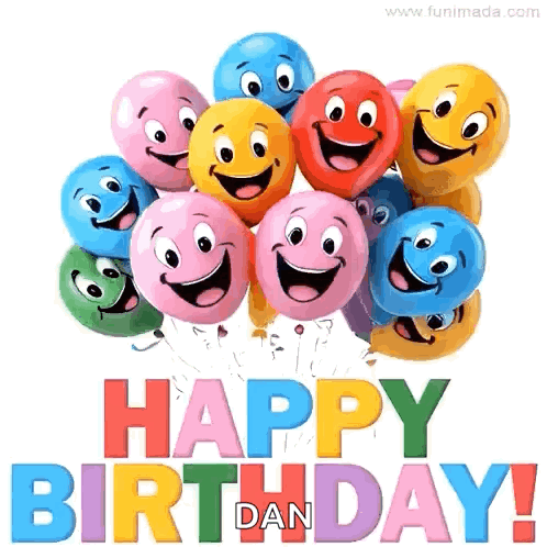 A Bunch Of Balloons With Smiley Faces On Them And The Words Happy Birthday ! GIF