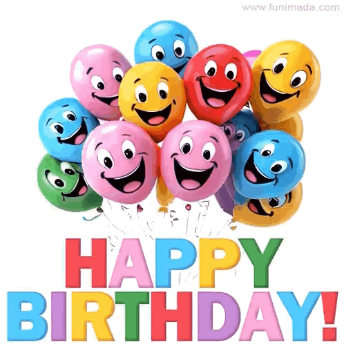 A Bunch Of Balloons With Smiley Faces On Them And The Words Happy Birthday GIF