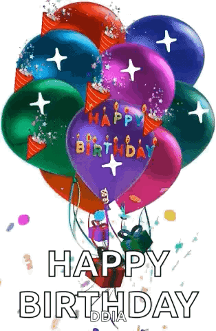 A Bunch Of Balloons With The Words `` Happy Birthday '' On Them Are Flying In The Air . GIF