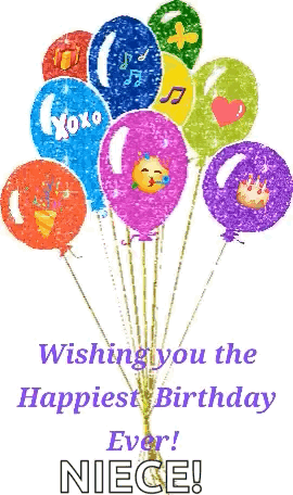 A Bunch Of Balloons With The Words Wishing You The Happiest Birthday Ever Niece Written On It GIF