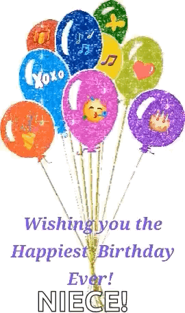 A Bunch Of Balloons With The Words Wishing You The Happiest Birthday Ever ! Niece Written On It GIF