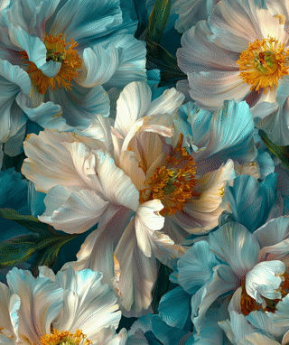 A Bunch Of Blue And White Flowers On A Dark Blue Background GIF