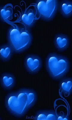 A Bunch Of Blue Hearts On A Black Background With The Word Red On The Bottom GIF