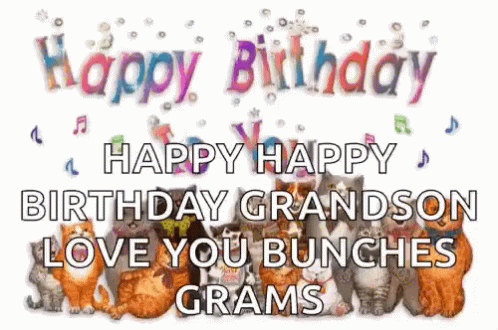 A Bunch Of Cats Are Sitting Next To Each Other On A Birthday Card . GIF