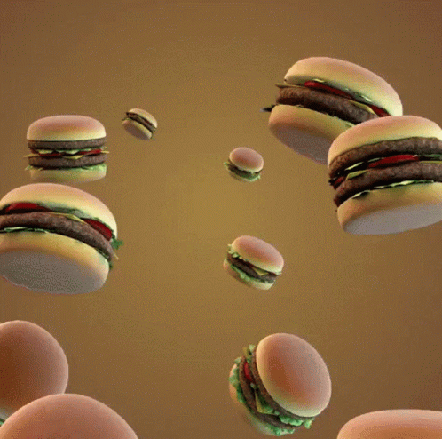 A Bunch Of Cheeseburgers Are Floating In The Air With The Words We Have This Video Of Flying Cheeseburgers Below Them GIF