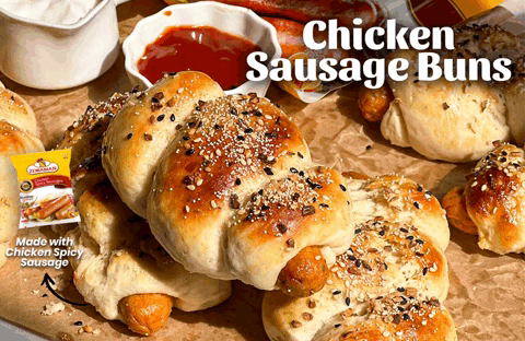A Bunch Of Chicken Sausage Buns Are On A Table GIF