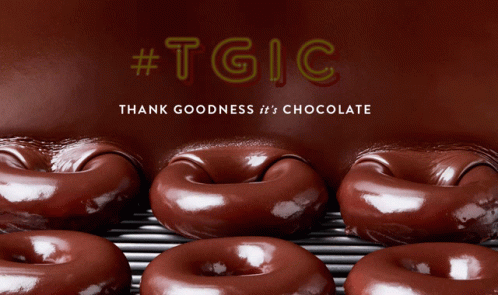 A Bunch Of Chocolate Covered Donuts With The Words Thank Goodness It 'S Chocolate Behind Them GIF