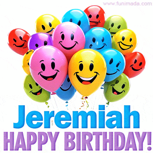 A Bunch Of Colorful Balloons With Smiley Faces On Them And The Words Jeremiah Happy Birthday GIF